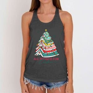 Christmas Book Tree Retro All Booked For Christmas Women's Knotted Racerback Tank