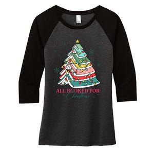 Christmas Book Tree Retro All Booked For Christmas Women's Tri-Blend 3/4-Sleeve Raglan Shirt