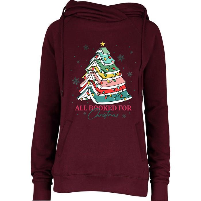 Christmas Book Tree Retro All Booked For Christmas Womens Funnel Neck Pullover Hood