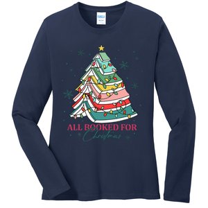 Christmas Book Tree Retro All Booked For Christmas Ladies Long Sleeve Shirt