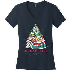 Christmas Book Tree Retro All Booked For Christmas Women's V-Neck T-Shirt