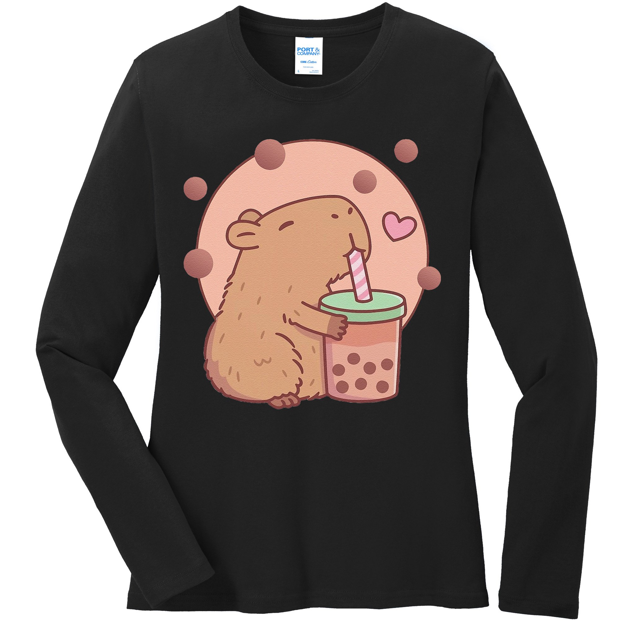 Capybara Bubble Tea Capyboba Boba Milk Tea Lovely Animal Ladies Long Sleeve Shirt