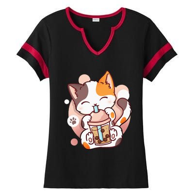 Cat Boba Tea Bubble Tea Anime Kawaii Neko Ladies Halftime Notch Neck Tee