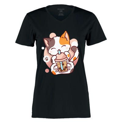 Cat Boba Tea Bubble Tea Anime Kawaii Neko Women's Momentum V-Neck T-Shirt