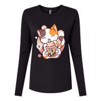 Cat Boba Tea Bubble Tea Anime Kawaii Neko Womens Cotton Relaxed Long Sleeve T-Shirt