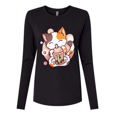 Cat Boba Tea Bubble Tea Anime Kawaii Neko Womens Cotton Relaxed Long Sleeve T-Shirt