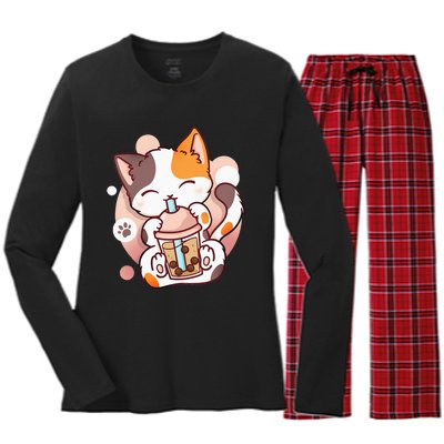 Cat Boba Tea Bubble Tea Anime Kawaii Neko Women's Long Sleeve Flannel Pajama Set 