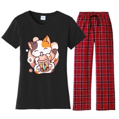 Cat Boba Tea Bubble Tea Anime Kawaii Neko Women's Flannel Pajama Set