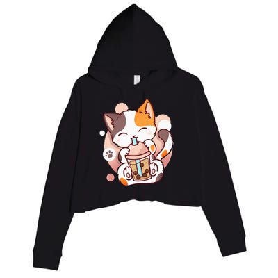 Cat Boba Tea Bubble Tea Anime Kawaii Neko Crop Fleece Hoodie