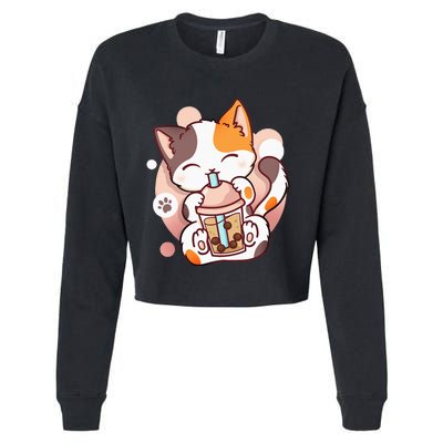 Cat Boba Tea Bubble Tea Anime Kawaii Neko Cropped Pullover Crew