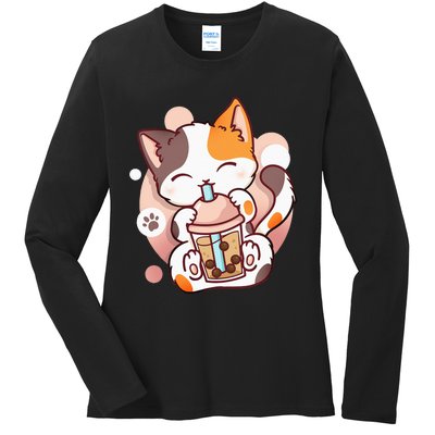 Cat Boba Tea Bubble Tea Anime Kawaii Neko Ladies Long Sleeve Shirt