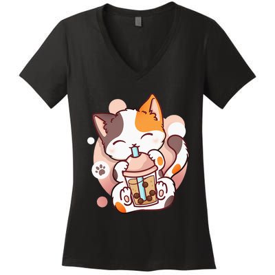 Cat Boba Tea Bubble Tea Anime Kawaii Neko Women's V-Neck T-Shirt