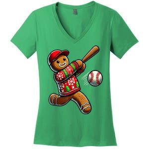 Cute Baseball Ugly Christmas Gingerbread Man Baseball Xmas Gift Women's V-Neck T-Shirt