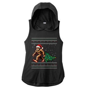 Christmas Bigfoot Ugly Sweater Carrying Tree Santa Hat Xmas Ladies PosiCharge Tri-Blend Wicking Draft Hoodie Tank