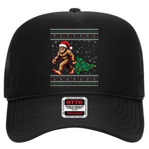 Christmas Bigfoot Ugly Sweater Carrying Tree Santa Hat Xmas High Crown Mesh Back Trucker Hat