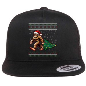 Christmas Bigfoot Ugly Sweater Carrying Tree Santa Hat Xmas Flat Bill Trucker Hat