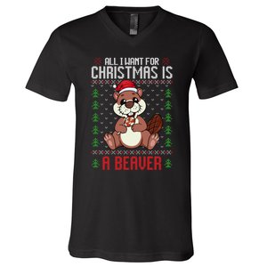 Christmas Beaver Ugly Xmas Sweater Christmas Beavers Lover V-Neck T-Shirt