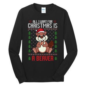 Christmas Beaver Ugly Xmas Sweater Christmas Beavers Lover Tall Long Sleeve T-Shirt