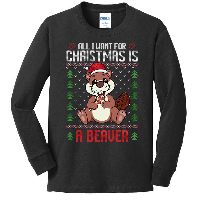 Christmas Beaver Ugly Xmas Sweater Christmas Beavers Lover Kids Long Sleeve Shirt