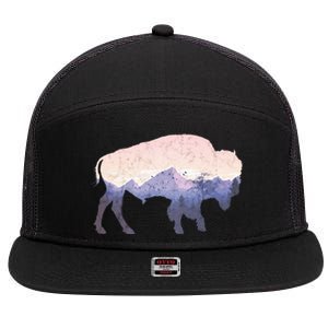 Cool Buffelo Used Look I Background Mountains 7 Panel Mesh Trucker Snapback Hat