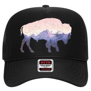 Cool Buffelo Used Look I Background Mountains High Crown Mesh Back Trucker Hat