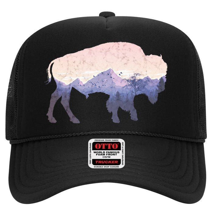 Cool Buffelo Used Look I Background Mountains High Crown Mesh Back Trucker Hat