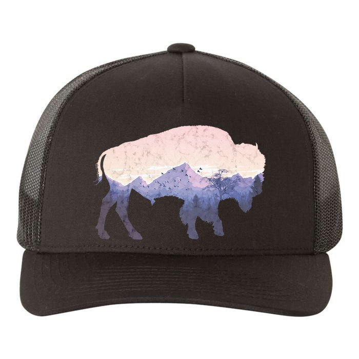 Cool Buffelo Used Look I Background Mountains Yupoong Adult 5-Panel Trucker Hat