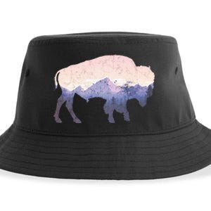 Cool Buffelo Used Look I Background Mountains Sustainable Bucket Hat