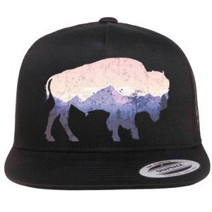 Cool Buffelo Used Look I Background Mountains Flat Bill Trucker Hat