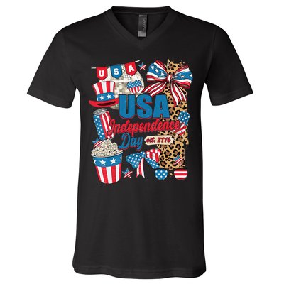 Coquette Bow USA 4th Of July American Flag Independence Day V-Neck T-Shirt