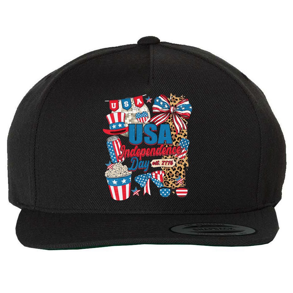 Coquette Bow USA 4th Of July American Flag Independence Day Wool Snapback Cap