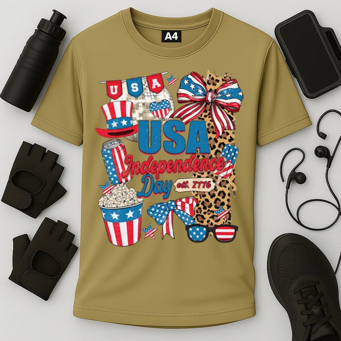 Coquette Bow USA 4th Of July American Flag Independence Day Cooling Performance Crew T-Shirt