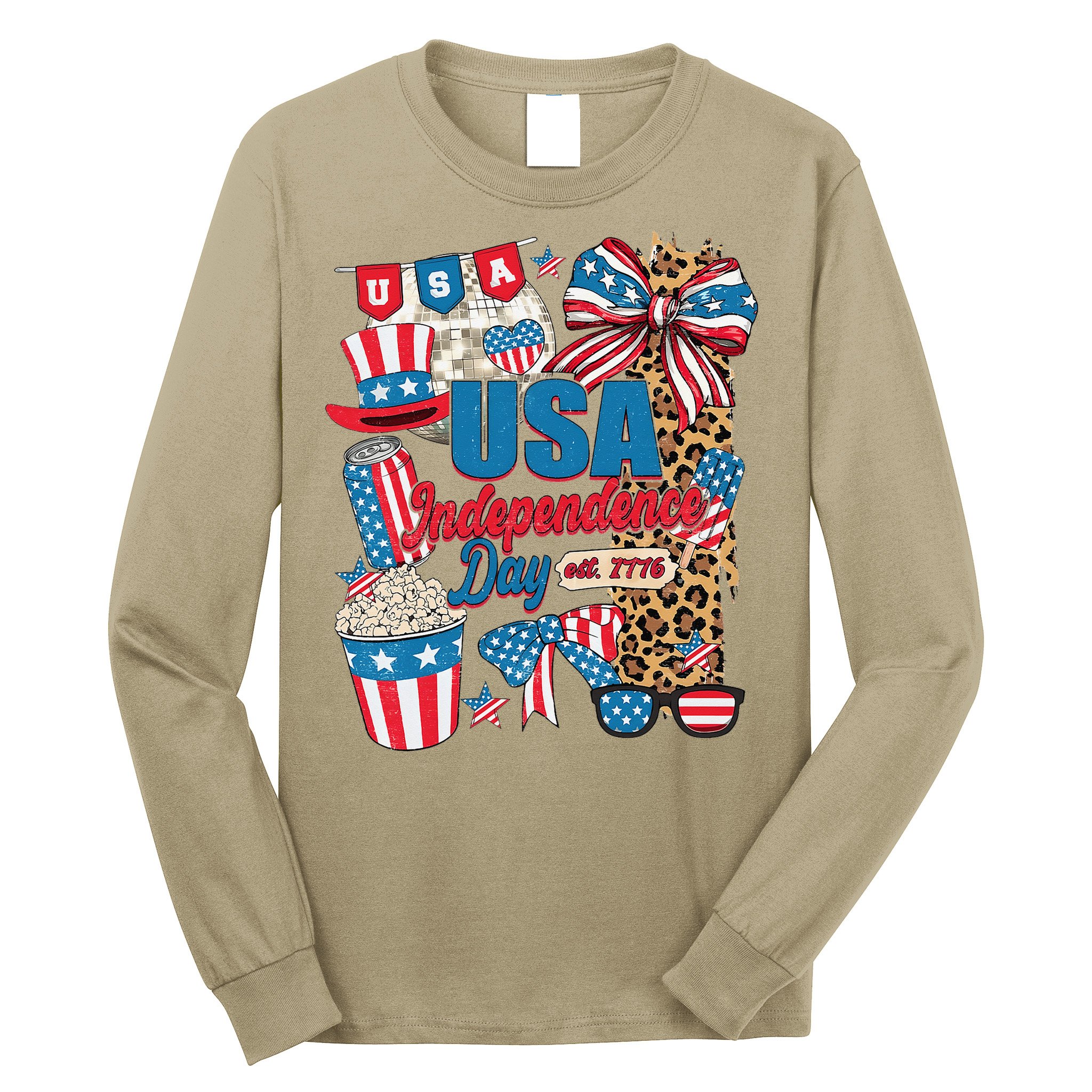 Coquette Bow USA 4th Of July American Flag Independence Day Long Sleeve Shirt