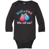 Cute Blue Vs Pink Gender Reveal Party Boxing Boxer Baby Long Sleeve Bodysuit