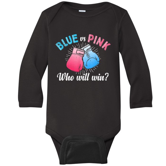 Cute Blue Vs Pink Gender Reveal Party Boxing Boxer Baby Long Sleeve Bodysuit