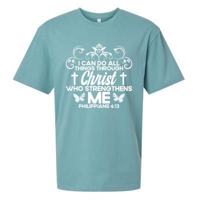 Christian Bible Verse Philippians 4:13 Flower Butterfly Gift Sueded Cloud Jersey T-Shirt