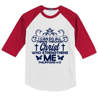 Christian Bible Verse Philippians 4:13 Flower Butterfly Gift Kids Colorblock Raglan Jersey