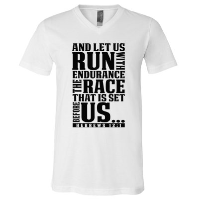 Christian Bible Verse Let Us Run With Endurance Running Gift V-Neck T-Shirt