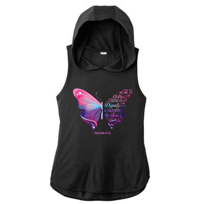 Christian Bible Verse Proverbs 31:25 Butterfly Gift Ladies PosiCharge Tri-Blend Wicking Draft Hoodie Tank