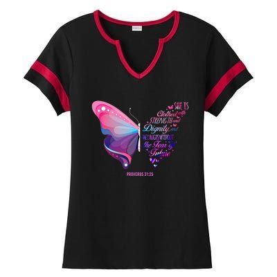 Christian Bible Verse Proverbs 31:25 Butterfly Gift Ladies Halftime Notch Neck Tee