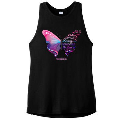 Christian Bible Verse Proverbs 31:25 Butterfly Gift Ladies PosiCharge Tri-Blend Wicking Tank