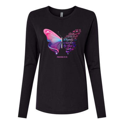 Christian Bible Verse Proverbs 31:25 Butterfly Gift Womens Cotton Relaxed Long Sleeve T-Shirt