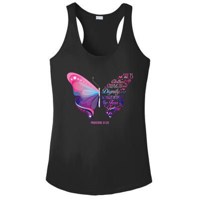 Christian Bible Verse Proverbs 31:25 Butterfly Gift Ladies PosiCharge Competitor Racerback Tank