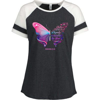 Christian Bible Verse Proverbs 31:25 Butterfly Gift Enza Ladies Jersey Colorblock Tee