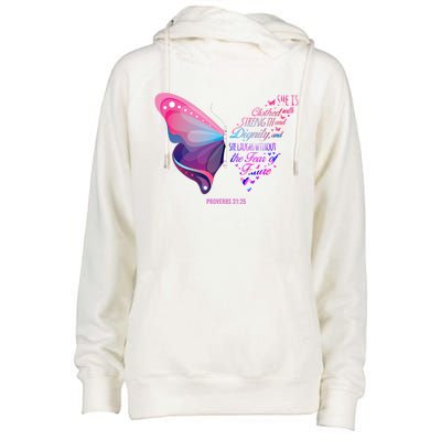 Christian Bible Verse Proverbs 31:25 Butterfly Gift Womens Funnel Neck Pullover Hood