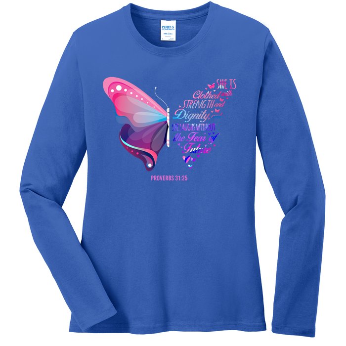 Christian Bible Verse Proverbs 31:25 Butterfly Gift Ladies Long Sleeve Shirt