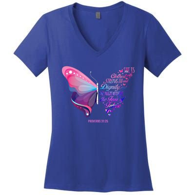 Christian Bible Verse Proverbs 31:25 Butterfly Gift Women's V-Neck T-Shirt