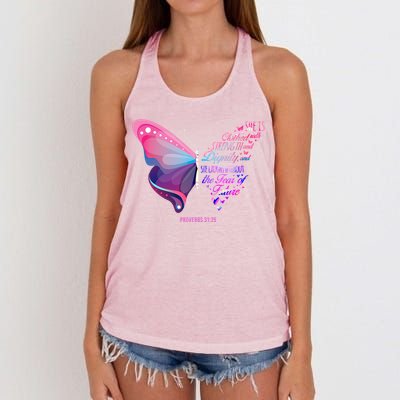 Christian Bible Verse Proverbs 31:25 Butterfly Gift Women's Knotted Racerback Tank