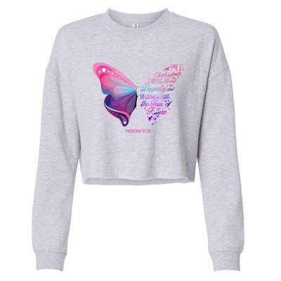 Christian Bible Verse Proverbs 31:25 Butterfly Gift Cropped Pullover Crew