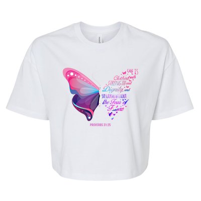 Christian Bible Verse Proverbs 31:25 Butterfly Gift Bella+Canvas Jersey Crop Tee